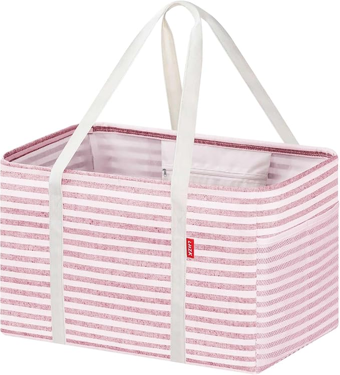LHZK Standing Utility Tote Bag with Metal Wire Frame and the Sides Rinforced, Large Tote Bag with Handle, Reusable Grocery Bags Foldable, Beach Bag, Car Tote (Pink, 18.5''x11.8''x11.5'') by LHZK