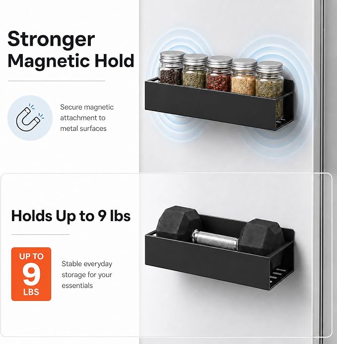 SMRCAD 6 Pack Metal Magnetic Spice Rack for fridge, Heavy Duty | Iron + Magnet | Holds 9 lbs per shelf | Full-back magnets | Screws included | Climate Pledge Friendly - Image 4