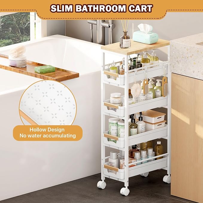 SUNALLY Slim Storage Cart with Wheels, Narrow Kitchen Rolling Cart, White | 5-Tier Skinny Rolling Cart with Wooden Top & Lockable Wheels, Storage Organizer for Bathroom, Laundry Room, Narrow Space - Image 7