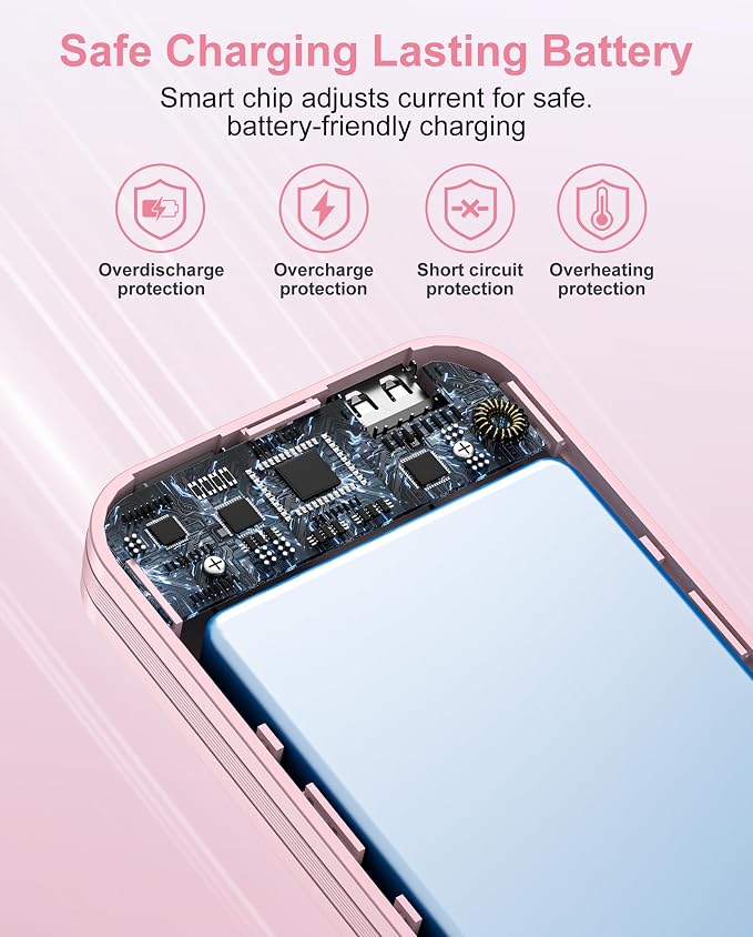 citicr Portable Charger 10000mAh PD20W w/Built-in Cables & Wall Plug Pink | Fast charging, Built-in wall plug, LED display, Charge 5 devices at once, Pass through charging, TSA approved, Pocket size - Image 6