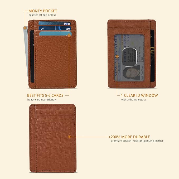 Slim Minimalist Leather RFID Blocking Front Pocket Wallet, Cognac - Image 2