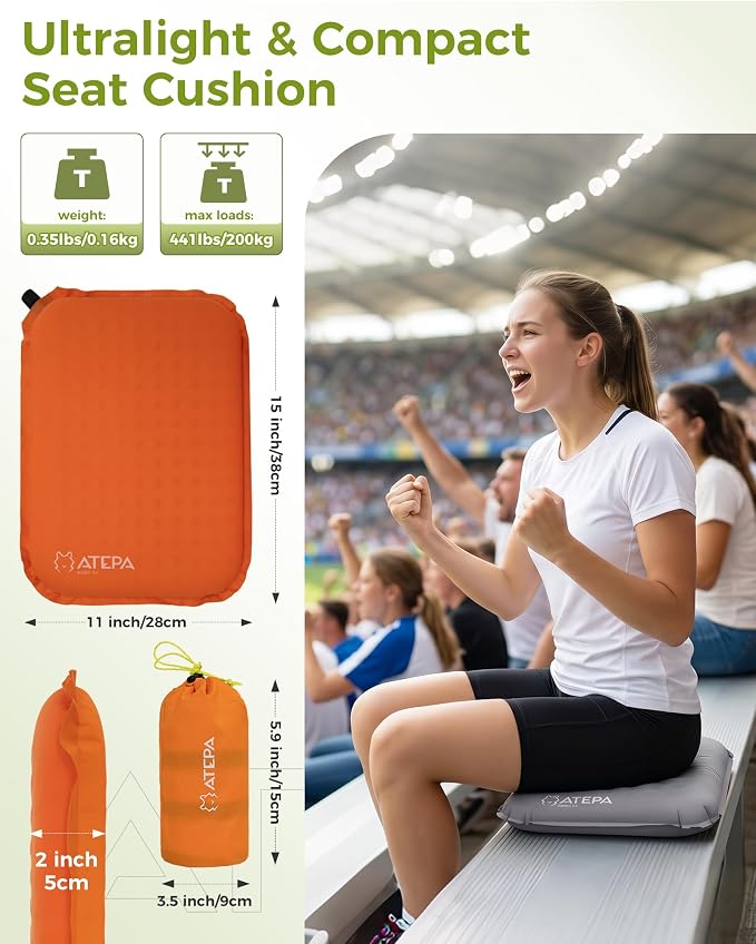 ATEPA Inflatable Seat Cushion | 2" & 2.5" Foam Core Seat Pad, Self Inflating, Compact, Stadium, Airplane, Travel, Camping, Hiking, Sports events - Image 2