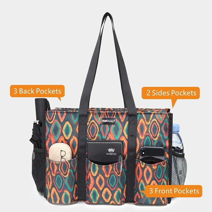 TOPDesign Utility Water Resistant Tote Bag with 13 Pockets, Top Zipper Closure & Thick Bottom Support, for Working Women - Image 3