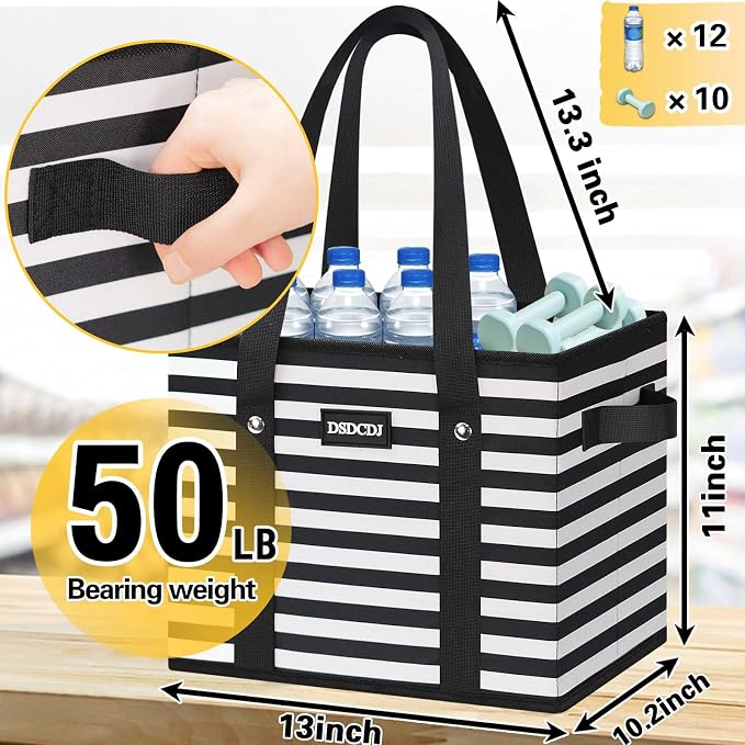 Reusable Grocery Bags 3 Pack - Heavy Duty Reusable Shopping Bags with Hard Bottom & Long Handles, Foldable Utility Tote Bag with Box Shape to Stand Up, 13x10.23x11in, Stripe Black - Image 2