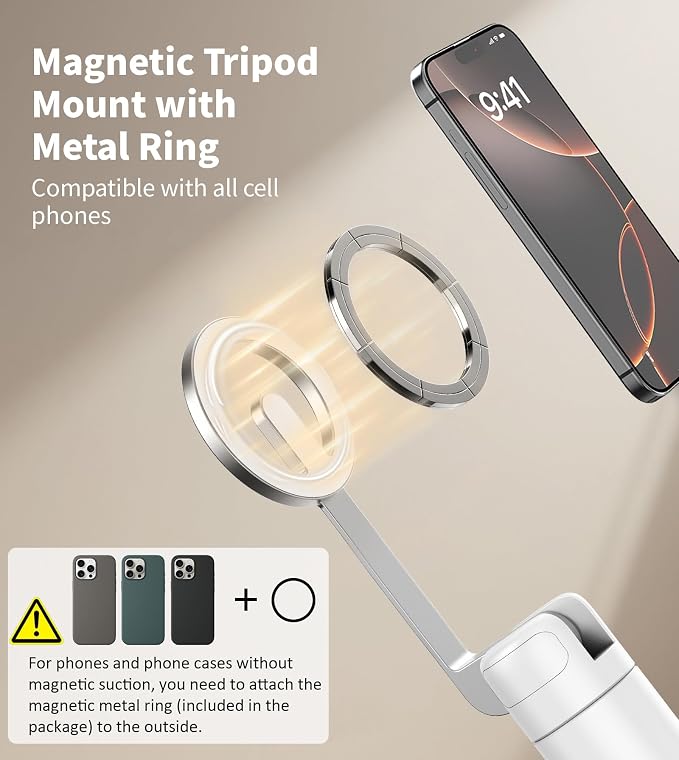 TONEOF 68" Magnetic Aluminum Phone Tripod Selfie Stick for iPhone & Android | Rechargeable Remote,360° Rotatable Foldable Cell Phone Stand Holder with Metal Ring,Travel Tripod for Magsafe (White) - Image 2