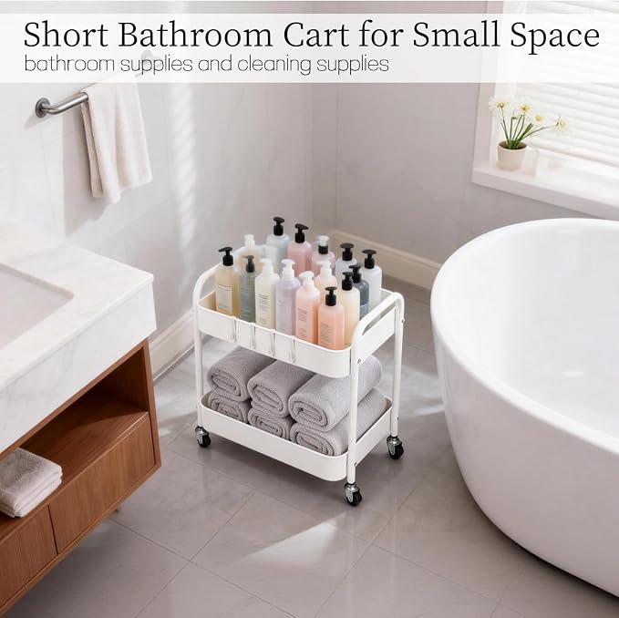 Under Desk Storage Cart 2 Tier Utility Rolling Cart with Wheels, Small Metal Mobile Trolley with Handle Two Tiered Utility Organizer Roller for Kitchen Office Bathroom Pantry Room, White - Image 6