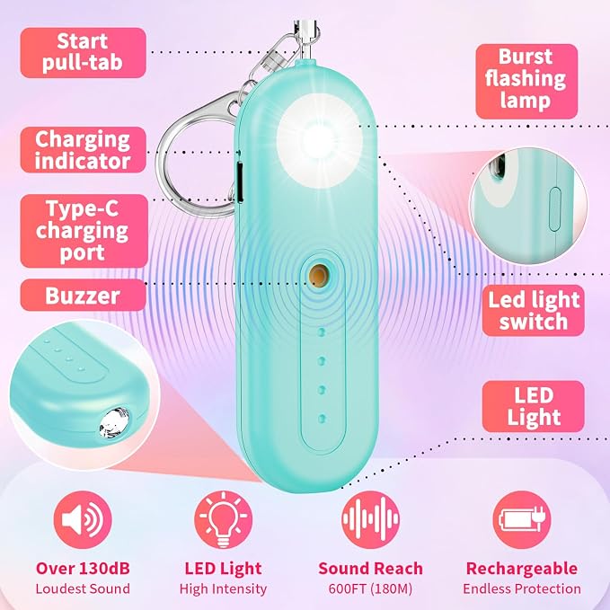 Rechargeable Personal Safety Alarm for Women - 130dB Self Defense Keychain Alarm Whistle with SOS Strobe Light, Low Battery Notice - Security Protection Devices for Kids Elderly College Essentials - Image 3