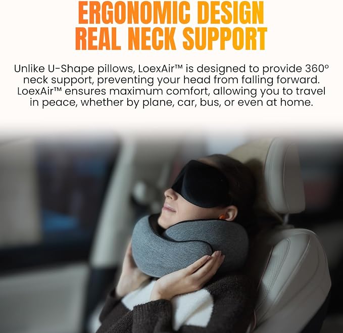 LOEXAIR™ Travel Pillow, Neck Pillow Travel for Airplane, Car - 100% Cotton Fabric & Memory Foam Plane Pillow, Lightweight & Easy-to-Carry on Flight, Full Travel Set (Eye Mask, Earplugs) - Light Grey - Image 7