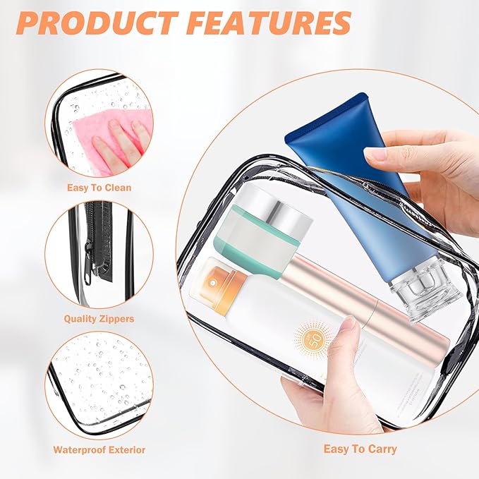 AURUZA Clear Makeup Bag,Portable Travel Toiletry Bags with Zipper, TSA Approved Clear Organizer Bags, PVC Cosmetic Pouch for Airport Airline Compliant - Image 3