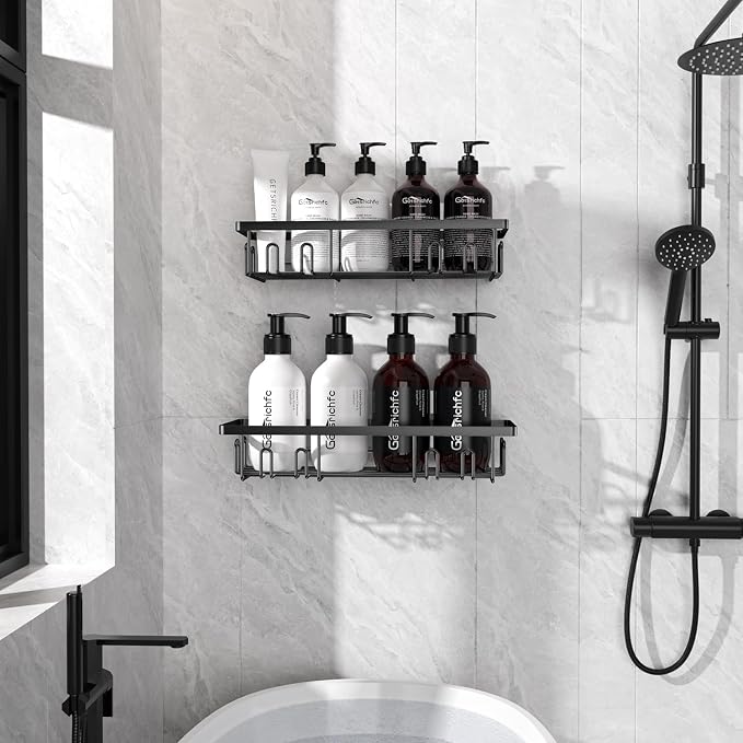 Getsrichfc Shower Caddy Adhesive, Rustproof Shower Shelves for Inside Shower, Large Capacity Bathroom Organizers and Storage, Shower Storage with Removable Hooks, No Drill Bathroom Accessories Black - Image 8