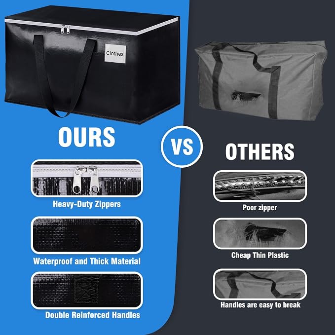 Heavy Duty Moving Bags, Extra Large Storage Bags, 125L, 10-Pack, Black | Foldable, with Zippers, Tag Pocket & Handles, Reusable, Space-saving, Water-Resistant, for moving & storage, Versatile Use - Image 3