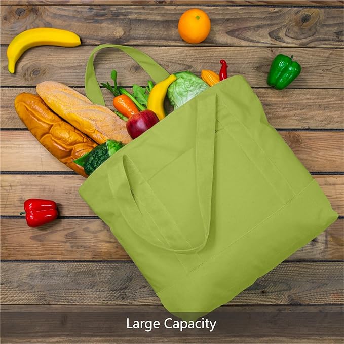 TOPDesign 1-Pack Canvas Tote Bag with an External Pocket, Reusable Grocery Shopping Bag, Top Zipper Closure, Daily Essentials (Light Green) - Image 3