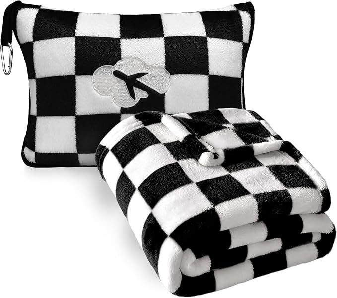 Travel Blanket and Pillow Compact, Premium Soft 2 in 1 Airplane Blanket with Soft Bag Pillowcase，Hand Luggage Sleeve and Backpack Clip (Checkered Black) by JungleStar