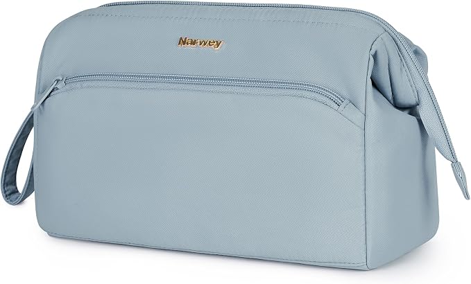 Narwey Large Travel Makeup Bag For Women Girls, Wide Open Cosmetic Bag, Portable Toiletry Bag for Cosmetics, Toiletries, Skincare, Brushes (Greyish Blue) by Narwey