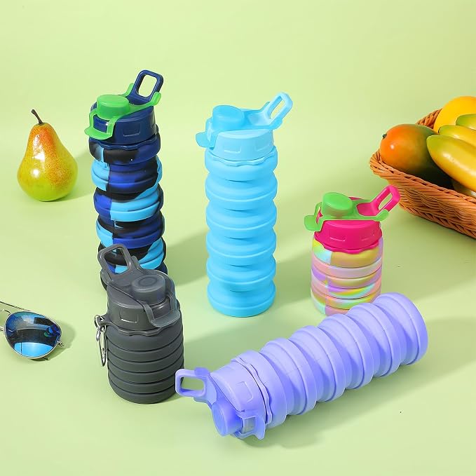 5 Pack Foldable Water Bottles, 16 oz Silicone Reusable Foldable Water Bottle, Portable Leak Proof Travel Sports Bottle with Metal Clip for Camping Hiking Gym, Colorful - Image 6