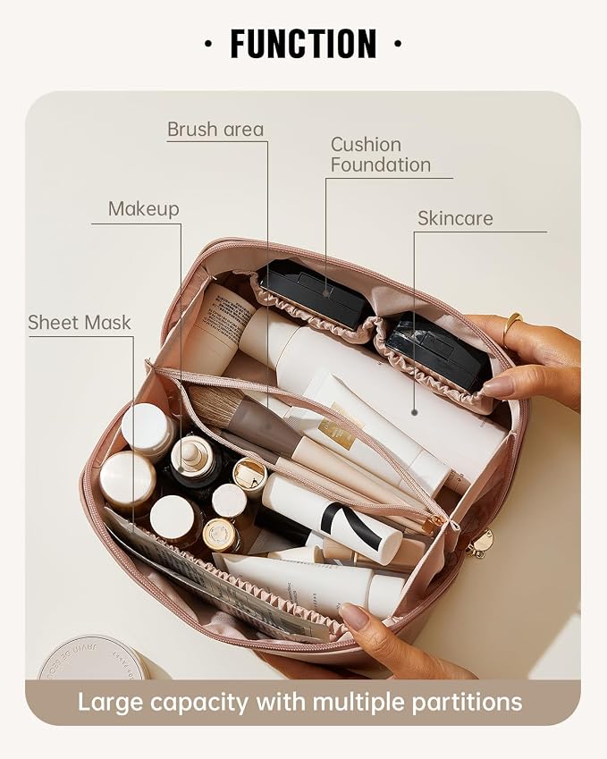 EACHY Travel Makeup Bag for Women, PU Leather Cosmetic Bag, Pink, Medium | Water-resistant PU leather exterior with flat-open access, clear TPU brush compartment and organized storage for cosmetics - Image 2