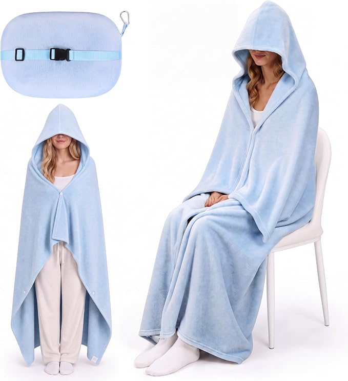 Hooded Wearable Fleece Travel Blanket Airplane with Snap Closure, Foldable Travel Pillow, Compact Carry Carabiner Strap, Soft 60''x50'' Fleece Blanket for Plane Office Gift(Blue) by Unknown