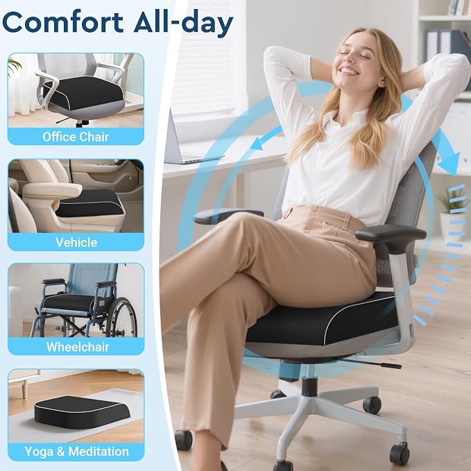 Seat Cushion, Memory Foam Office Chair Cushion, Black, Large | Office Desk Accessories, Butt Pillow for Long Sitting Sciatica, Coccyx, Tailbone, Hip Pain Relief - for Home, Car, Airplane - Image 7