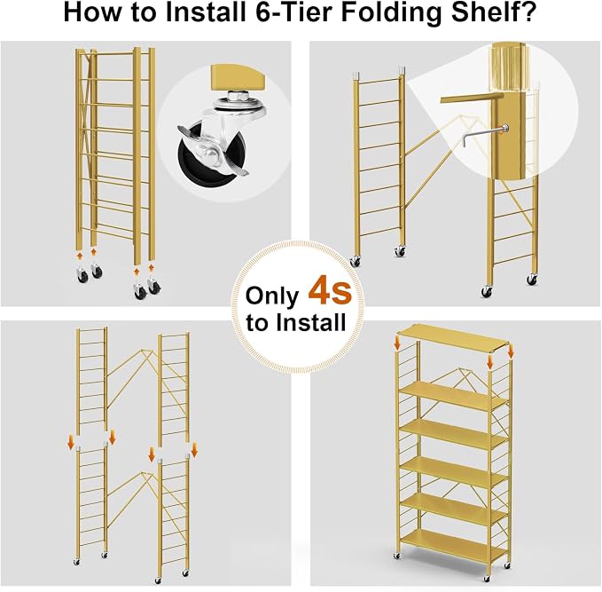 Himix 6-Tier Foldable Storage Shelves Expandable Shelf Wheels Gold 2-in-1 | Folding shelving units, Metal collapsible organization, Changeable into 2 shelf units, Bookshelf, Garage, Holds 3600 Ibs - Image 5