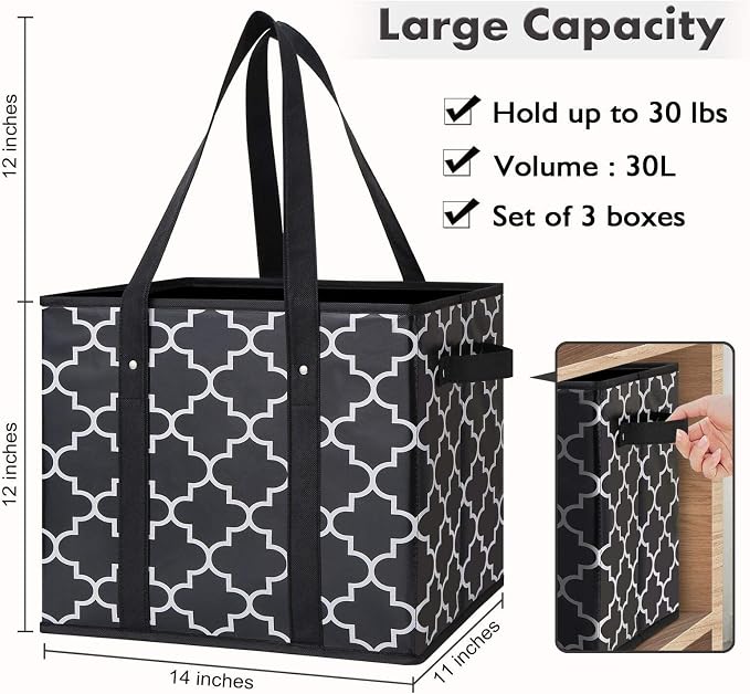 Reusable Grocery Bags 2-Pack Foldable Washable Large Storage Basket, Black | Water Resistant Shopping Tote Bag Bins - Image 3