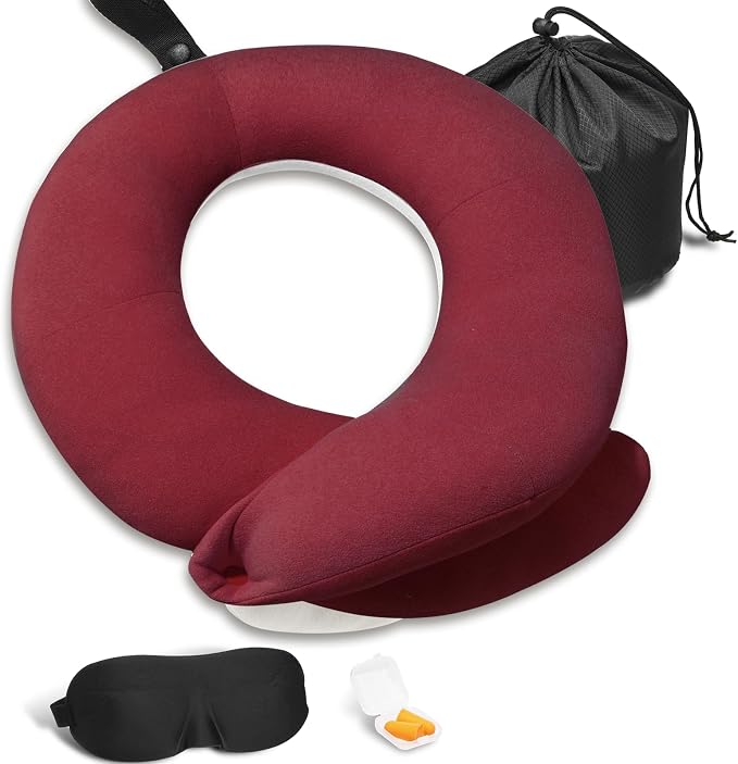 Travel Neck Pillows for Airplanes, Memory Foam 360° Head Support Sleep for Long Flight, Skin-Friendly & Breathable, Kit with Eye Mask, Earplugs and Storage Bag (Adult, Red, 90+ lbs) by BUYUE