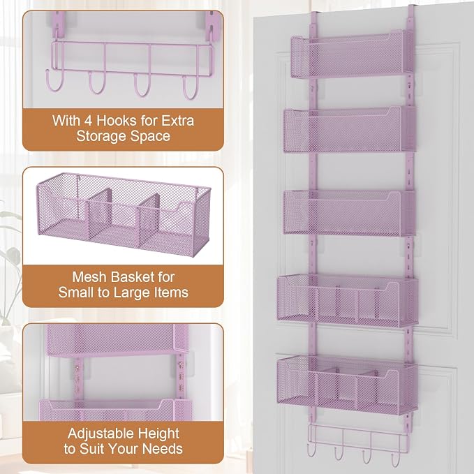 VyGrow Over The Door Organizer, Metal Door Organizer Hanging with 5 Adjustable Baskets and Coat Hook, Behind The Door Storage for Bedroom Closet Bathroom Pantry Cabinet Kitchen, Purple - Image 5