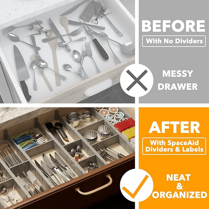 SpaceAid Bamboo Drawer Dividers with Inserts and Labels, Kitchen Adjustable Drawer Organizers, Expandable Organization for Home, Office, Dressers, 10 Dividers with 24 Inserts (17"-22" Gray) - Image 2