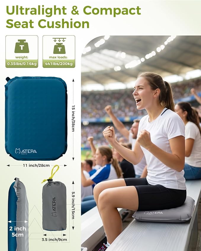 ATEPA Inflatable Seat Cushion | 2" & 2.5" Foam Core Seat Pad, Self Inflating, Compact, Stadium, Airplane, Travel, Camping, Hiking, Sports events - Image 2