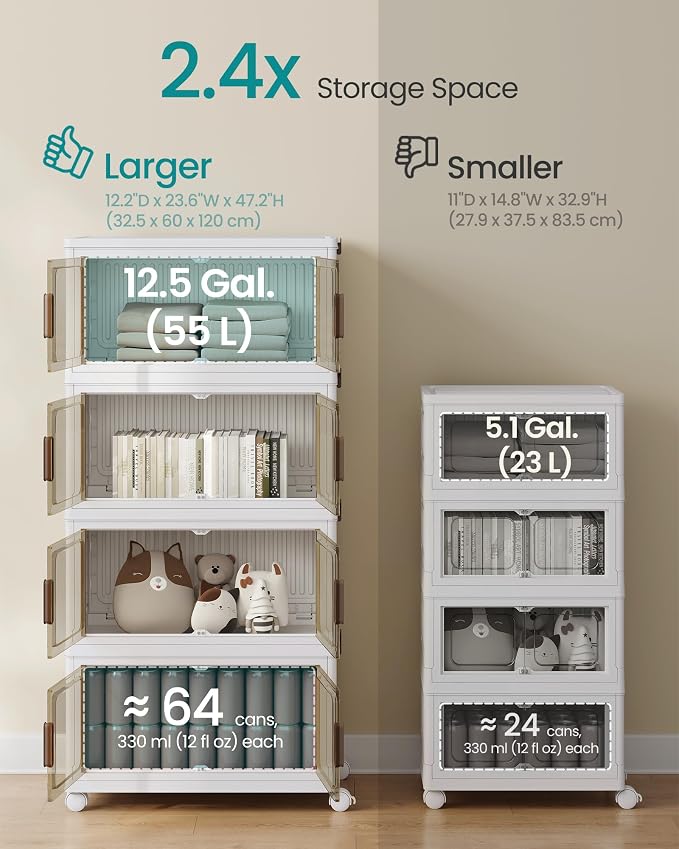 SONGMICS 58QT stackable storage bins with 1 Lid, 4-Tier Foldable Bins | Collapsible Cabinet, PP Plastic, Magnetic Doors and wheels, 23.6 x 12.2 x 47.2 inch, White, DENNYS Collection URLB460WZ01 - Image 3