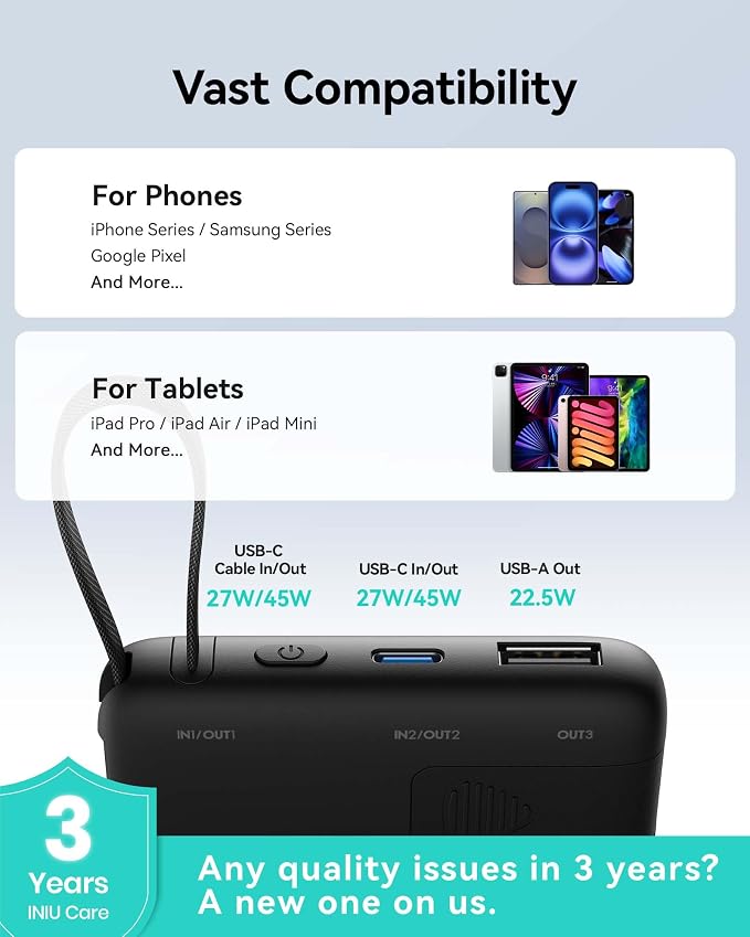 INIU 10000mAh Portable Charger, Smaller 45W Fast Charging Travel Power Bank | Flight-Safe for Travel, Built in USB C Cable, LED Display, Battery Pack for iPhone 17 16 Pro, Samsung S26, iPad etc - Image 7