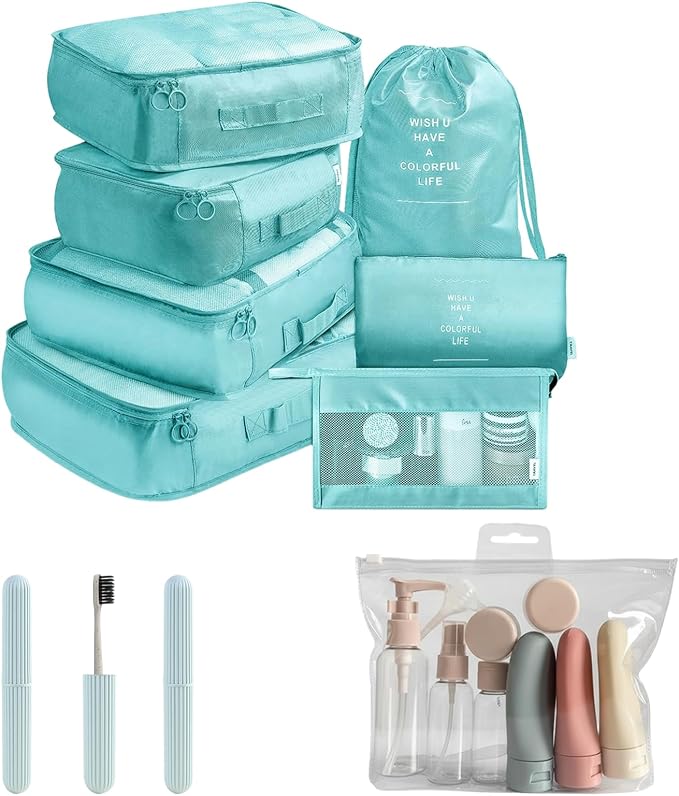 11 Set Packing Cubes for Travel, Anti-Tearing Suitcase Organizer | Luggage with Shoe & Hanging Toiletry Bag, 7 Travel Packing Cubes, Green, 1 Clear Toiletries Bag , 3 Portable Toothbrush Cases - Image 2