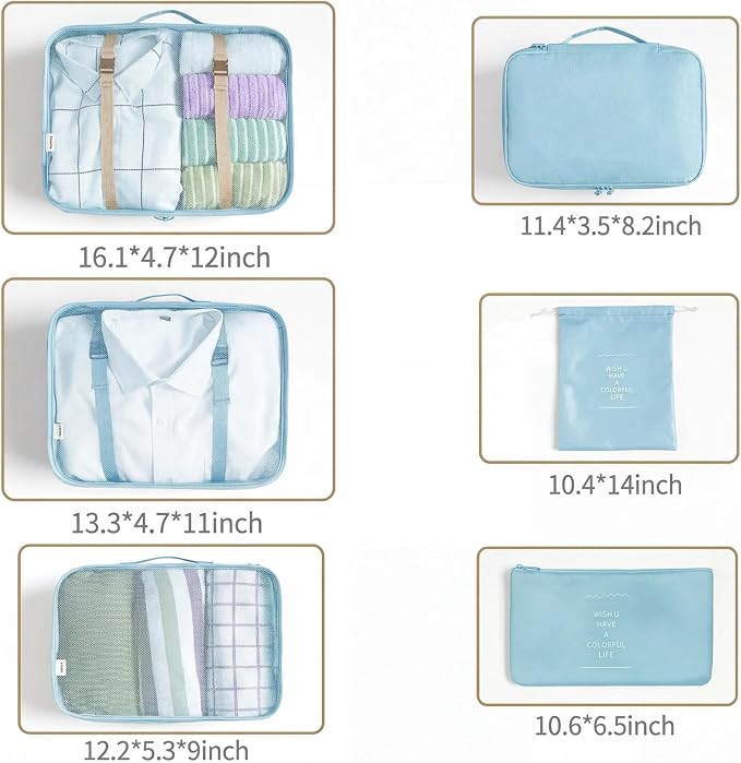 LANSKLBD 6/8 Set Packing Cubes for Suitcases Travel Luggage Packing Organizers,Travel Accessories Essentials Luggage Organizer with Shoe/Tioletry/Laundry Bag (Light Blue, 6 set) - Image 7