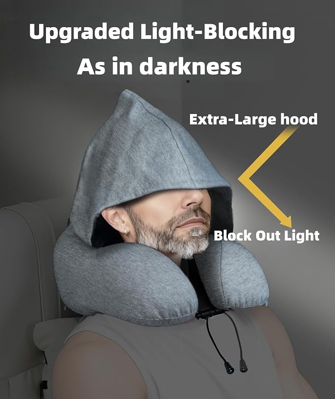 Travel Neck Pillow with Extra Large Hood Rollable Airplant Hooded Neck Pillow with Memory Foam Filling and Removable, Skin-Friendly Cover with a Carrying Pouch - Image 2