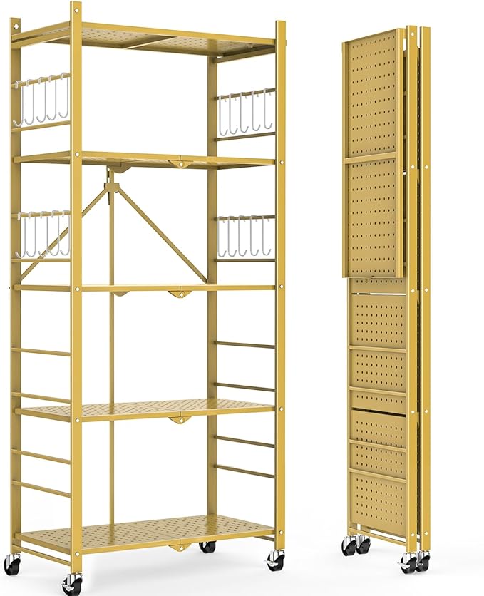 Himix 5-Tier Foldable Storage Shelves with 20 Hooks Wheels Bookshelf Gold | Folding shelving units, Metal collapsible organization, Wire shelf, No assembly, Garage, Home room, Greenhouse, Holds 440 Ibs by Himix