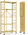 Himix 5-Tier Foldable Storage Shelves with 20 Hooks Wheels Bookshelf Gold | Folding shelving units, Metal collapsible organization, Wire shelf, No assembly, Garage, Home room, Greenhouse, Holds 440 Ibs by Himix