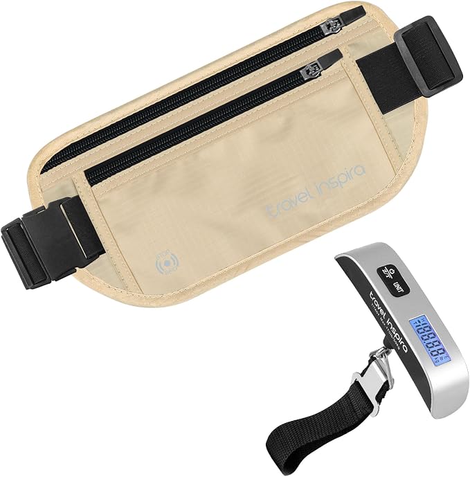 travel inspira RFID Blocking Travel Money Belt with Anti-Thief Zip - Slim Passport Holder and Digital Luggage Scale 110 Pounds, Battery Included by TravelInspira