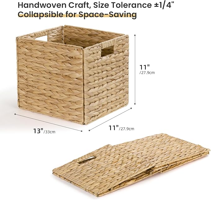 Rectangular Storage Baskets 13x11in, 4 Pack Water Hyacinth Wicker Bins with Handles, Foldable Natural Organizer for Shelves Kitchen Closet, Handwoven Storage Cubes - Image 2