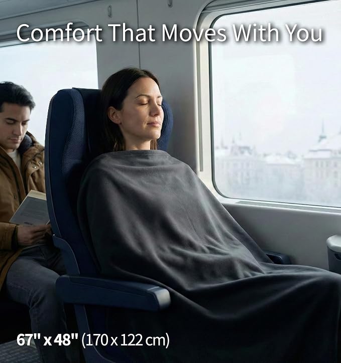Travel Camping Blanket Lightweight and Breathable, 67 x 48 in Soft Airplane Flight Blanket for Travelers, Foldable Sheet with Stuff Sack for Train, Camp, backapcking, Office, Home (E651 Grey) - Image 3