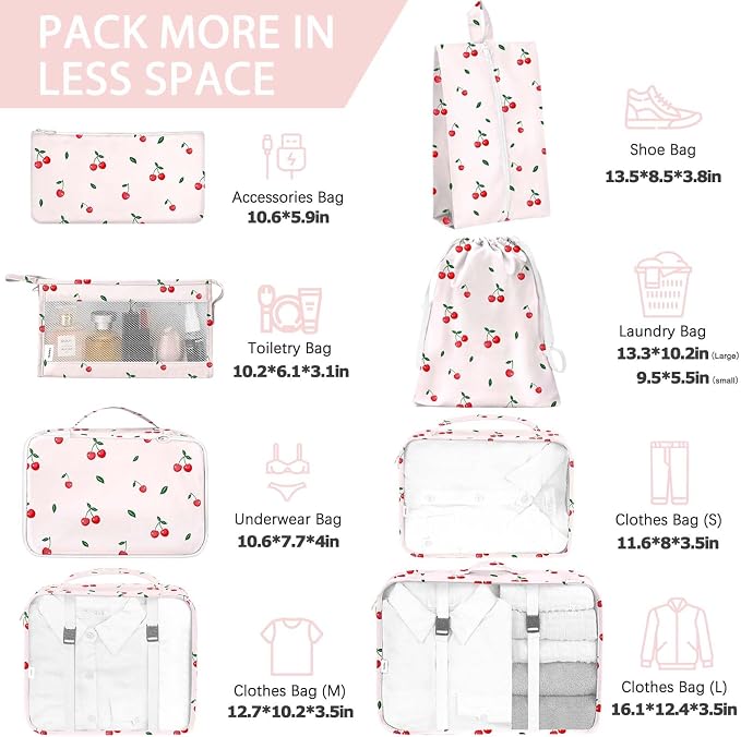 KPX 8 Set Packing Cubes for Travel, Luggage Packing Organizers Accessories Large Toiletries Bag for Clothes Shoes Cosmetics (Cherry) - Image 2