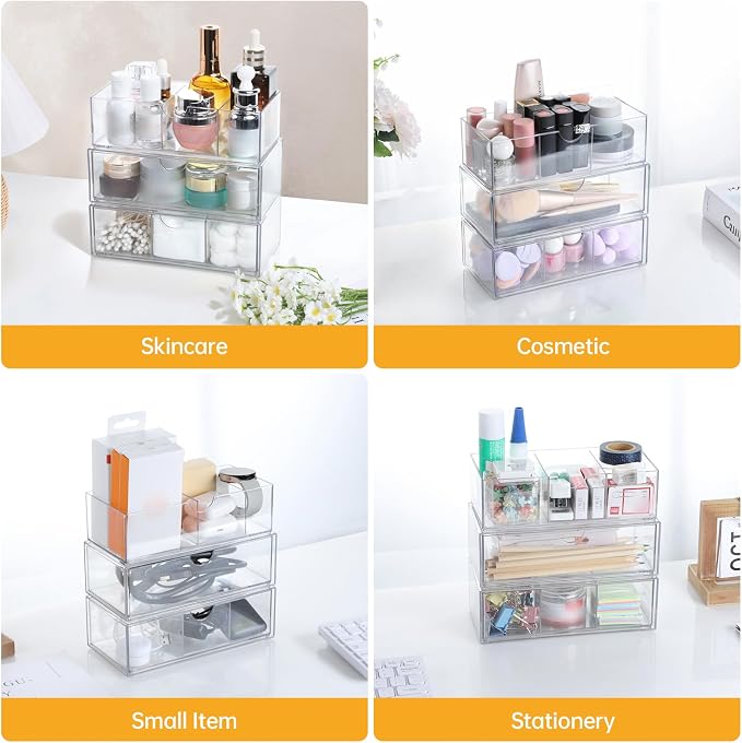 PAVSTINE Medicine Cabinet Organizer 3 Pack, Plastic Stackable Storage with 2 Drawers, Bathroom Mirror Cabinet Organizer with Removable Dividers for Wall Cabinet, Vanity, Countertop, Clear - Image 5