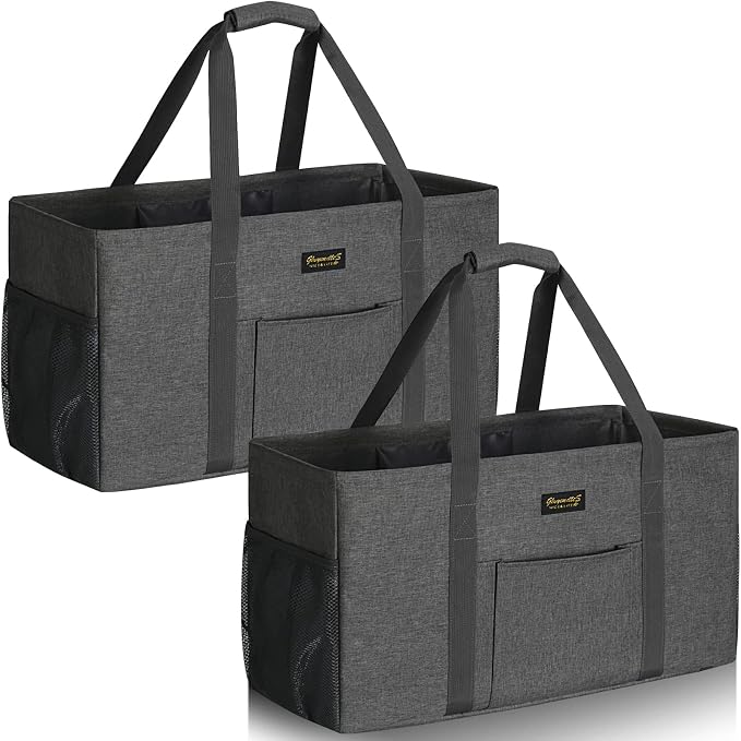 GhvyenntteS Extra Large Utility Tote Bag 2 Pack - Stand Up Utility Tote with Metal Wire Frame & Hard Bottom Board, Reusable Grocery Bags With Handles for Storage, Picnics, Beach, Laundry, Car, Camping by GhvyenntteS