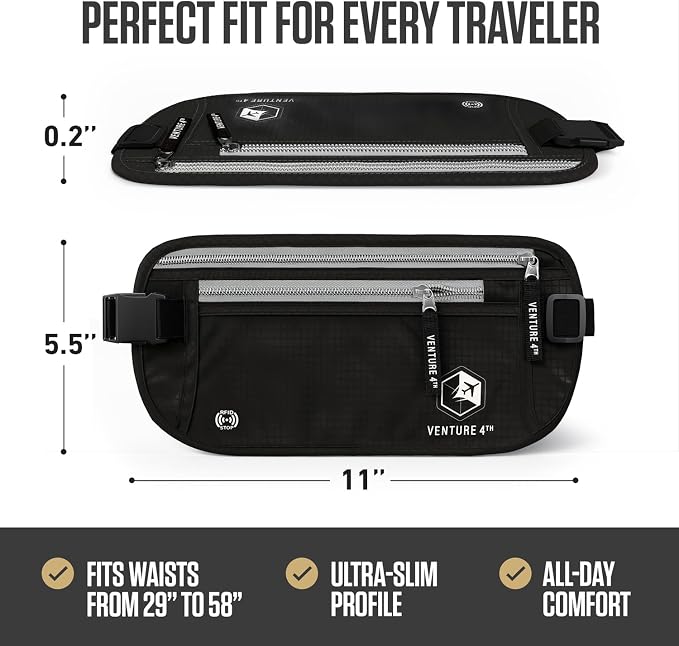 VENTURE 4TH Travel Money Belt, RFID Blocking Passport Holder - Black - Image 3