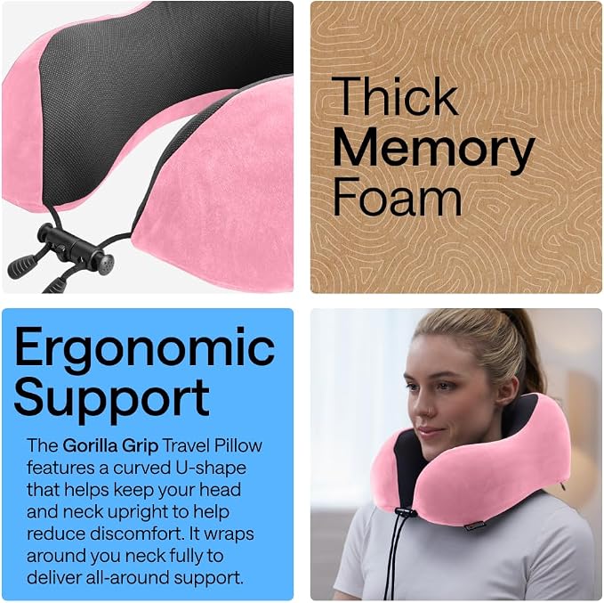 GORILLA GRIP Adjustable Travel Neck Pillow for Airplanes, CertiPUR-US® Memory Foam, Soft Velvet and Cooling Mesh Pillows, Support Headrest for Sleeping, Traveling Essentials, Flight Accessories, Pink - Image 3