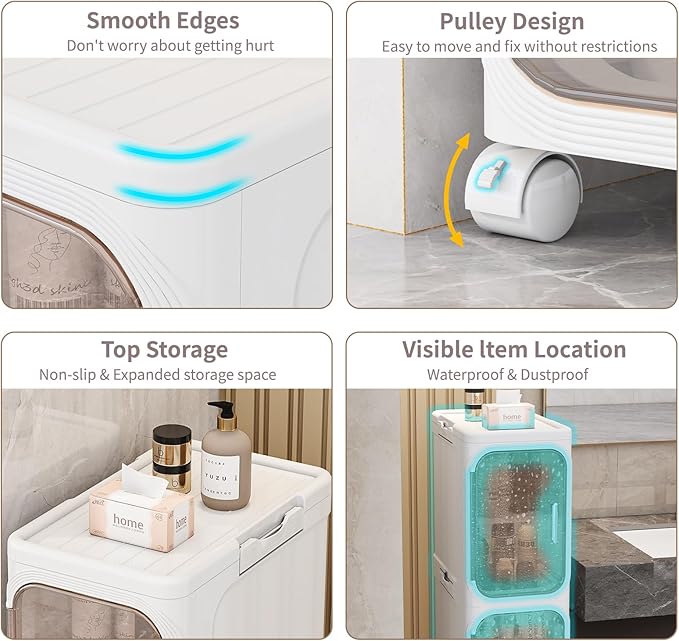 2 Tier Slim Bathroom Storage Cabinet, Foldable and Movable, White | Tools Free, ABS and PET, Magnetic Clear Door, Adjustable Shelves, Lockable Wheels, Water Resistant, For Narrow Space - Image 3