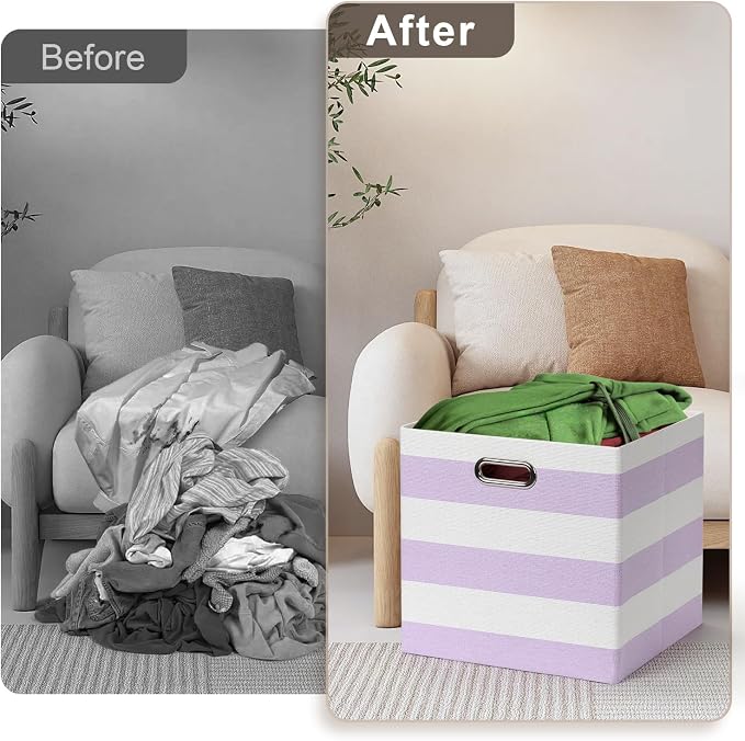 Posprica Storage Bins Storage Cubes,13×13 Collapsible Storage Boxes Containers Organizer Baskets for Nursery,Office,Closet,Shelf - 4pcs,Purple-white Striped - Image 5