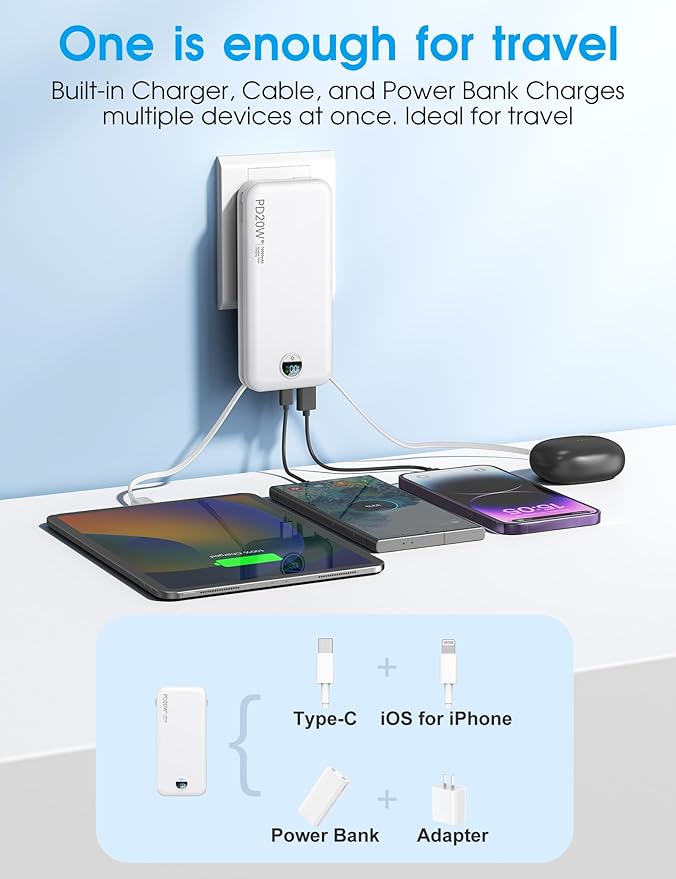citicr Portable Charger 10000mAh PD20W w/Built-in Cables & Wall Plug White | Fast charging, Built-in wall plug, LED display, Charge 5 devices at once, Pass through charging, TSA approved, Pocket size - Image 4