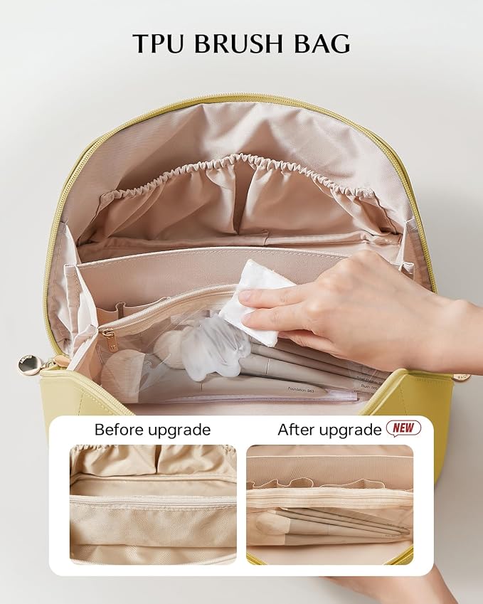EACHY Travel Makeup Bag for Women, Flat Open Cosmetic Bag, Green, Large | PU leather organizer with flat-open access, storage pockets and clear TPU brush compartment for daily makeup and toiletries - Image 3