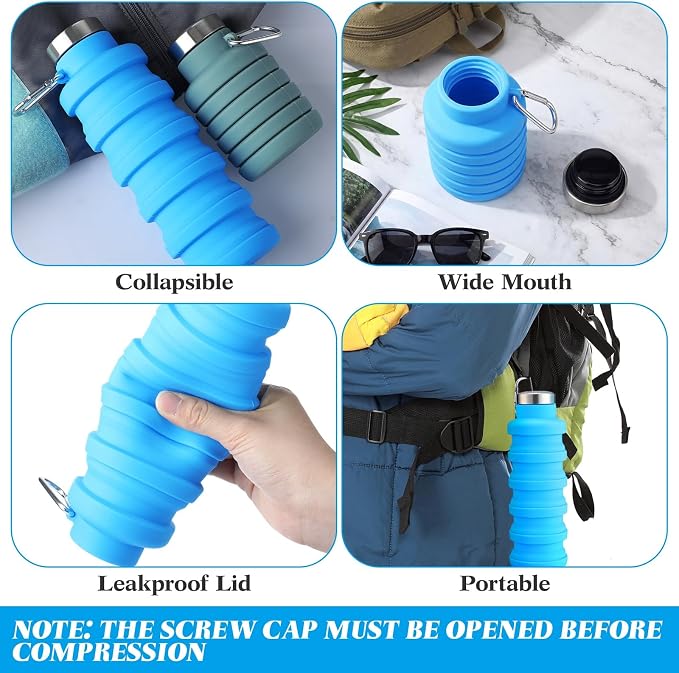 Lallisa 4 Pcs Collapsible Water Bottles 17 oz Reusable Silicone Foldable Travel Water Bottle Portable Leak Proof Sports Bottles for Gym Camping Hiking (Army Green, Orange, Blue, Black) - Image 3