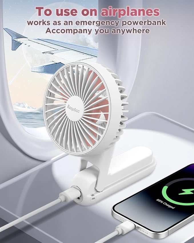 EasyAcc Portable Handheld Fan with 2600 Capacity Built-in Battery, 5 Speeds, Backup Power, Digital Display, Lanyard, Foldable Rechargeable Fan for Travel and Hot Flashes, Pink - Image 2