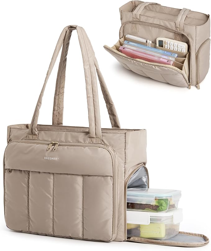 BAGSMART Tote Bag for Women, Puffy Work Tote Bag with Zipper, Quilted Large Teacher Bag for Work, Travel by BAGSMART